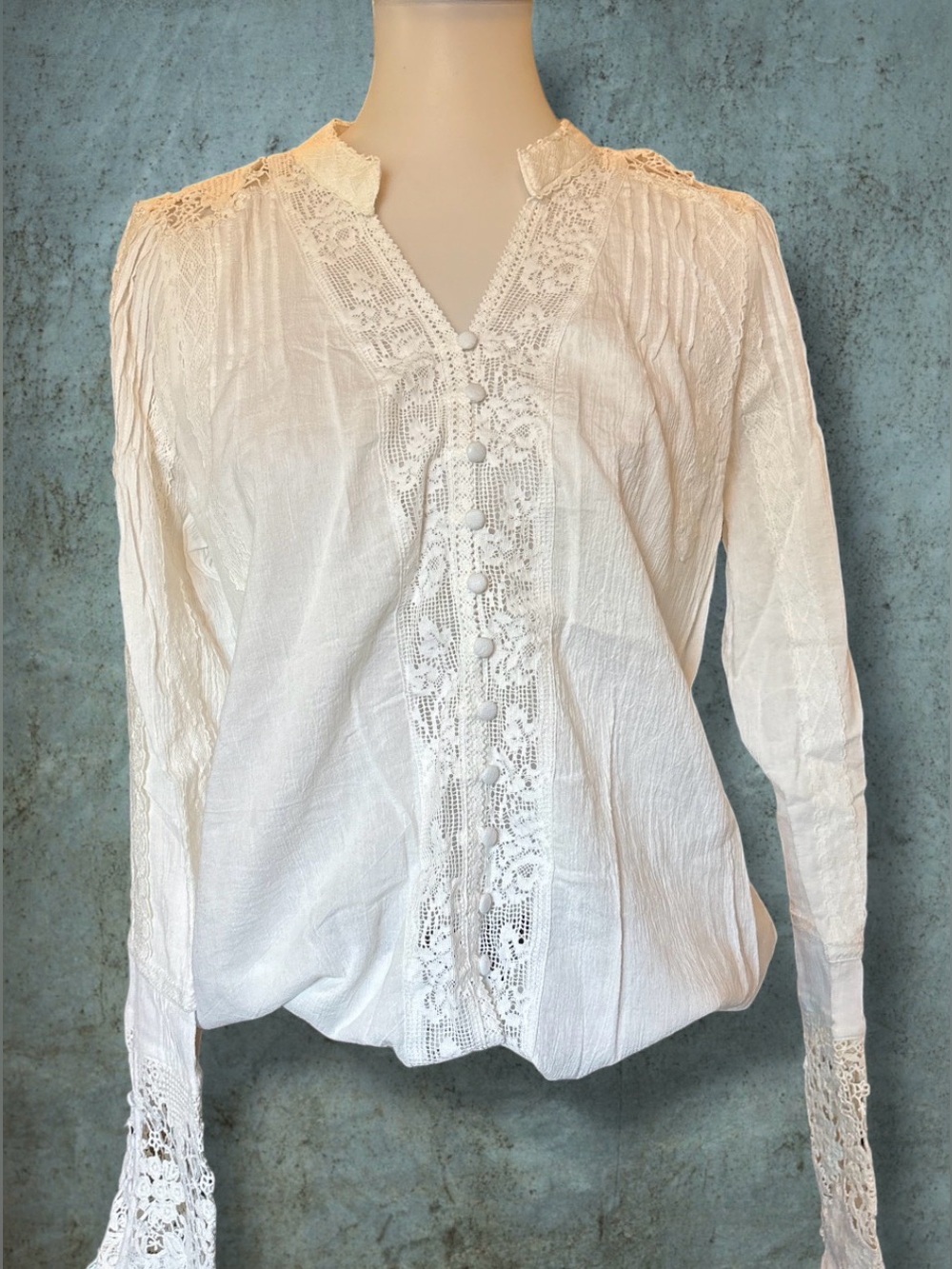 NWT Eri + Ali Anthropologie White Cotton Crochet Lace Boho Blouse Size M⁠